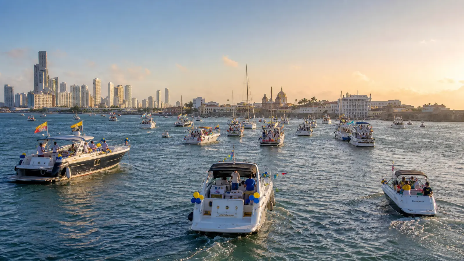 Embarcaciones durante una celebración náutica en la bahía de Cartagena al atardecer
