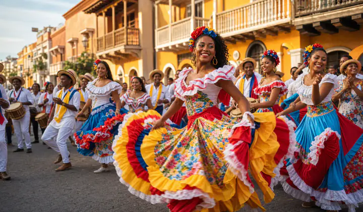 Comparsa de bailarines y músicos celebrando las Fiestas de Independencia en el Centro Histórico de Cartagena