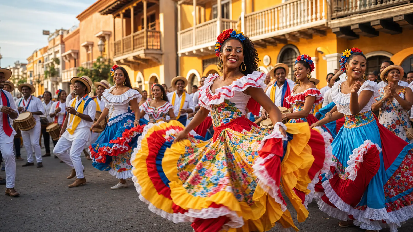 Comparsa de bailarines y músicos celebrando las Fiestas de Independencia en el Centro Histórico de Cartagena